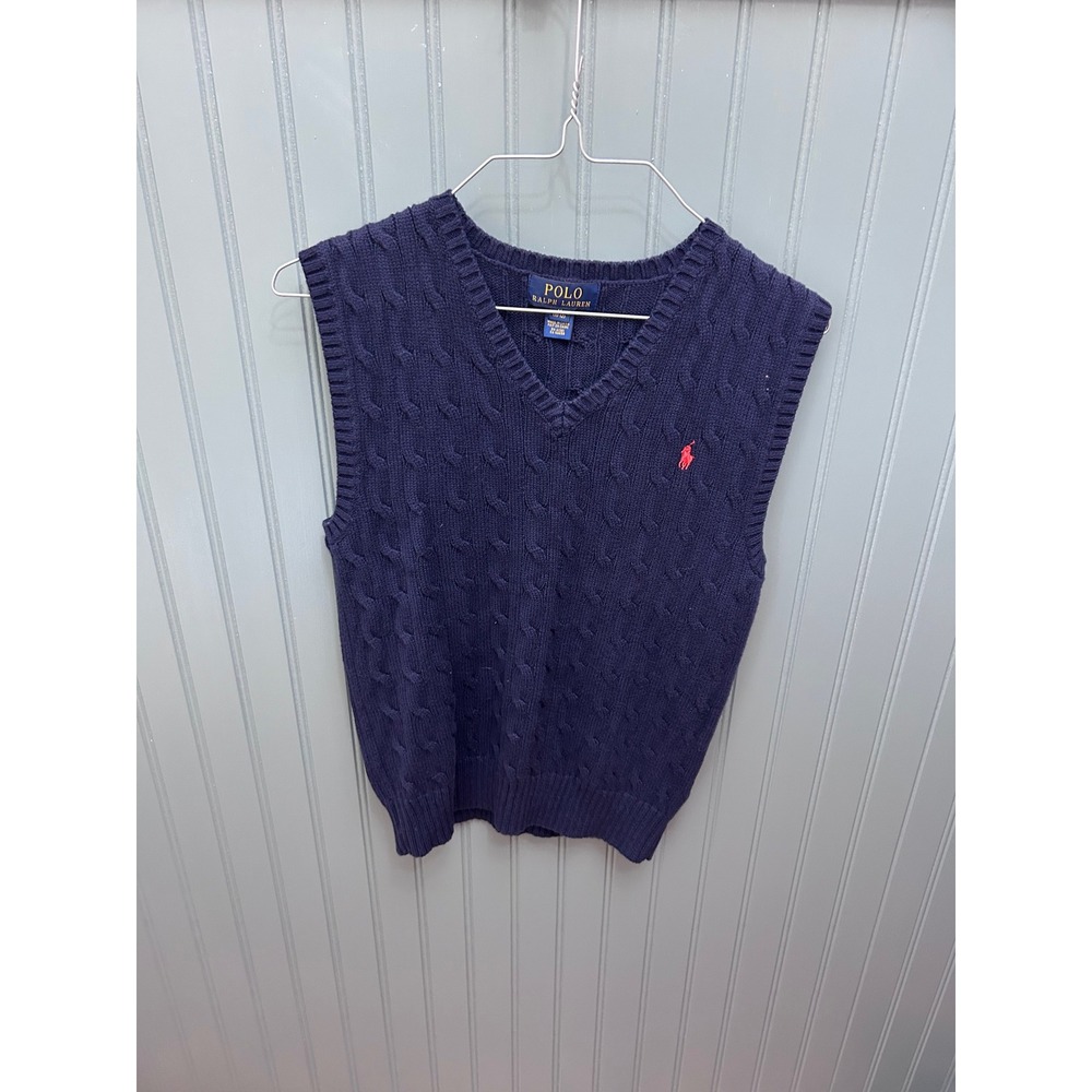 Polo Ralph Lauren Kids Navy Blue Cable Knit V-Neck Sweater Vest Size M‎ 10-12
